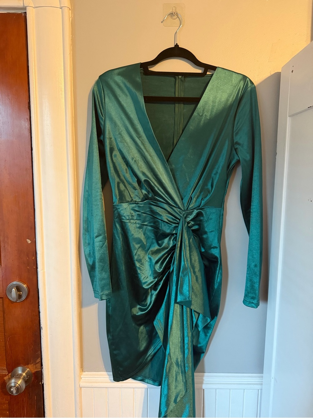 Emerald Green Wrap-Front Satin Dress